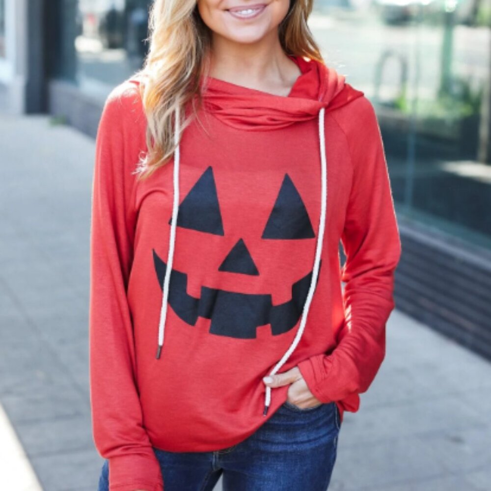 Jack-O-Lantern French Terry Thumb Hole Double Hoodie Size Small